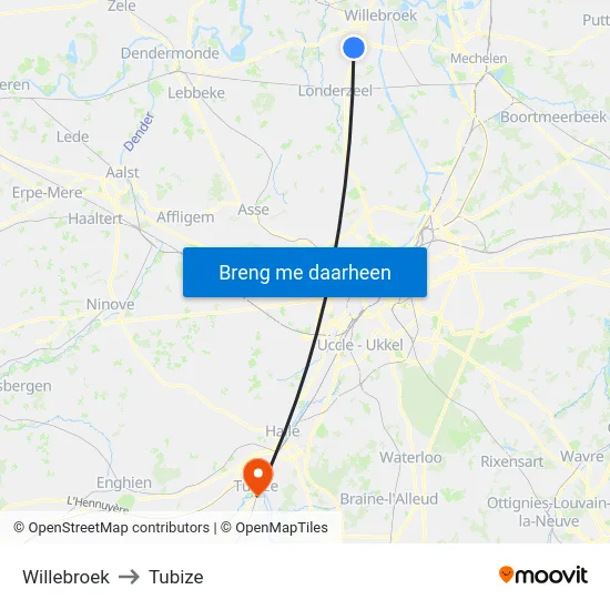 Willebroek to Tubize map