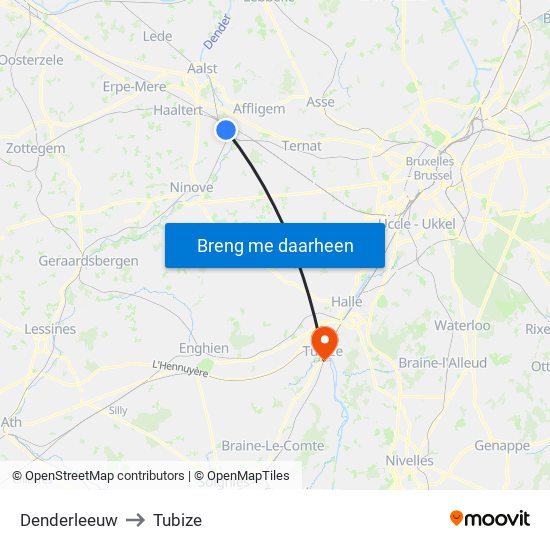 Denderleeuw to Tubize map