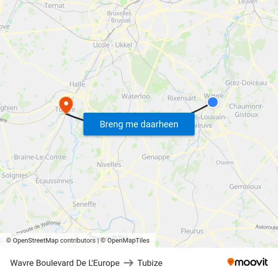 Wavre Boulevard De L'Europe to Tubize map