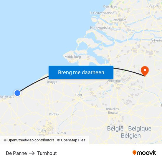 De Panne to Turnhout map