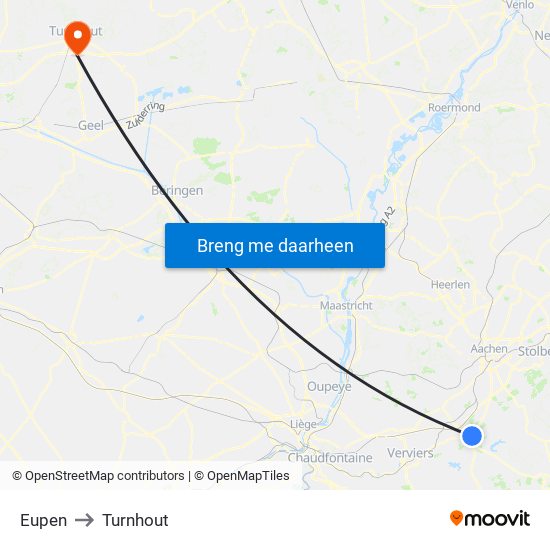 Eupen to Turnhout map