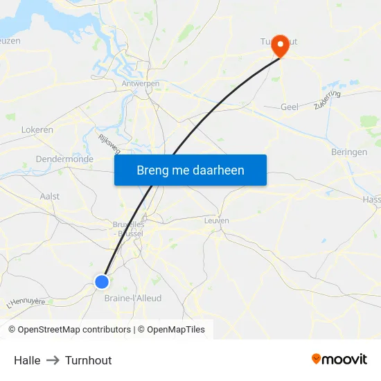 Halle to Turnhout map