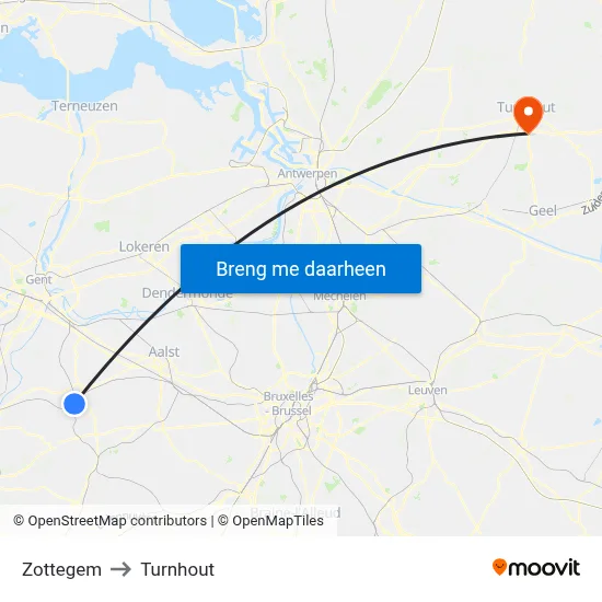 Zottegem to Turnhout map