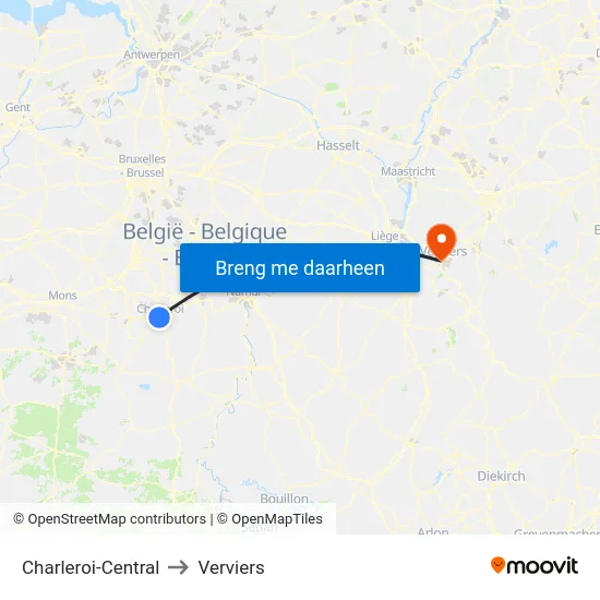 Charleroi-Central to Verviers map