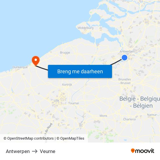 Antwerpen to Veurne map