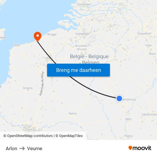 Arlon to Veurne map