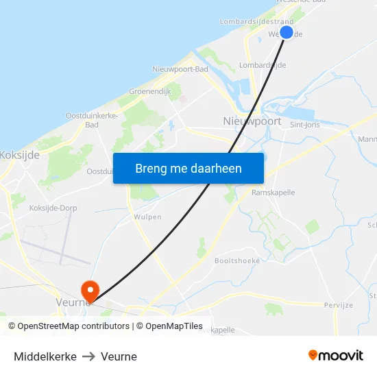 Middelkerke to Veurne map