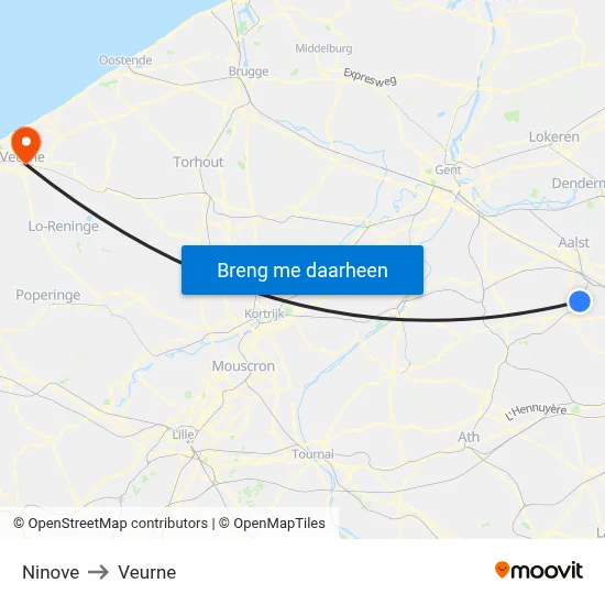 Ninove to Veurne map