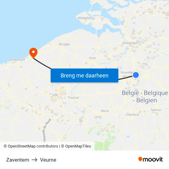 Zaventem to Veurne map