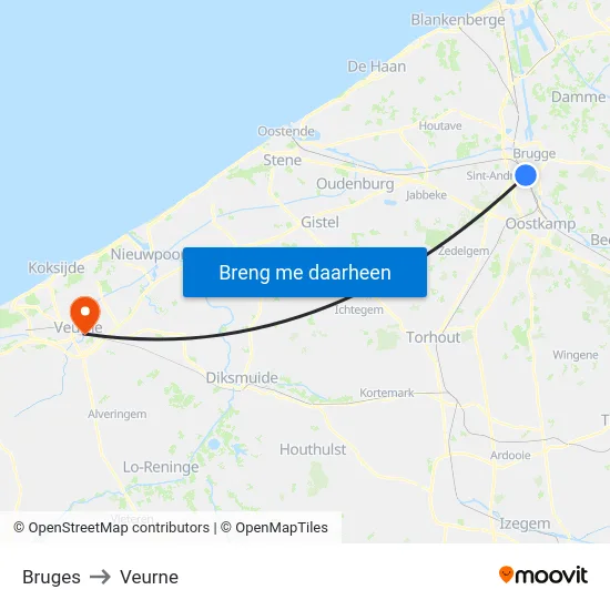 Bruges to Veurne map