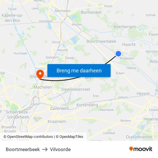 Boortmeerbeek to Vilvoorde map