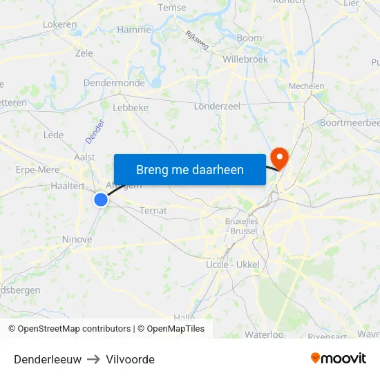 Denderleeuw to Vilvoorde map