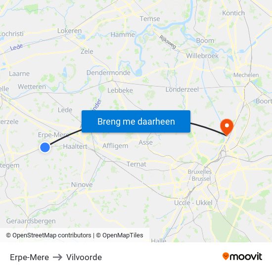 Erpe-Mere to Vilvoorde map
