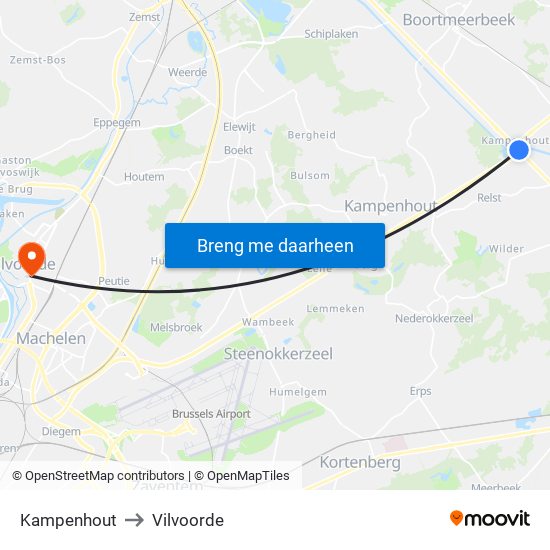 Kampenhout to Vilvoorde map