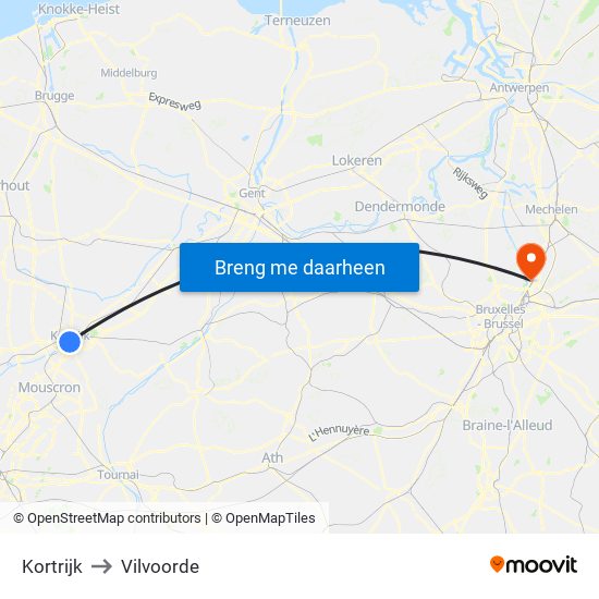 Kortrijk to Vilvoorde map