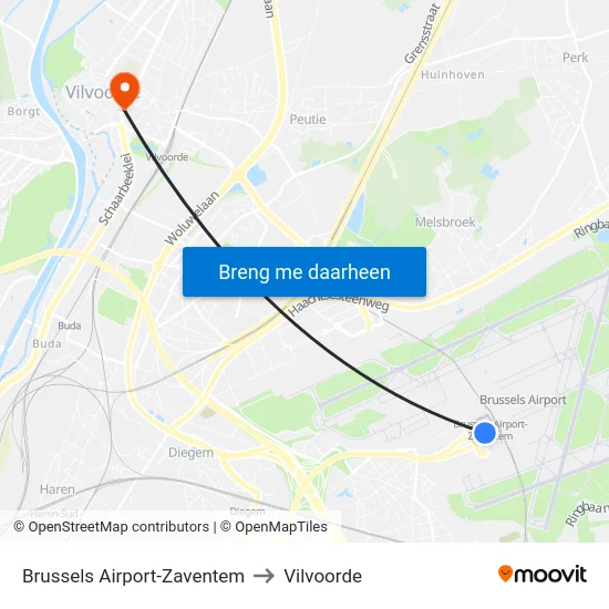 Brussels Airport-Zaventem to Vilvoorde map