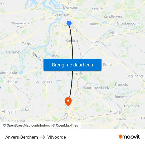 Anvers-Berchem to Vilvoorde map