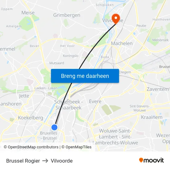 Brussel Rogier to Vilvoorde map