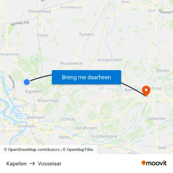 Kapellen to Vosselaar map