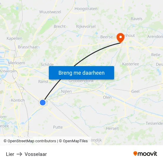 Lier to Vosselaar map