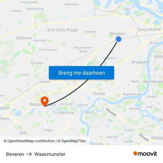 Beveren to Waasmunster map