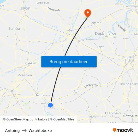 Antoing to Wachtebeke map