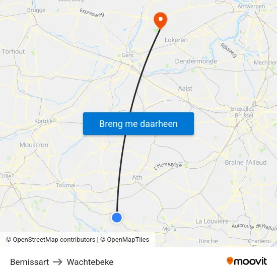 Bernissart to Wachtebeke map