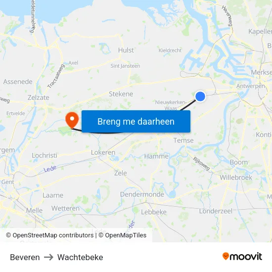 Beveren to Wachtebeke map