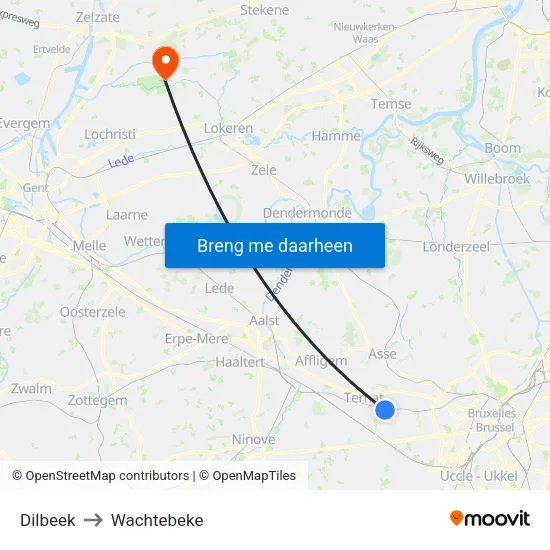 Dilbeek to Wachtebeke map