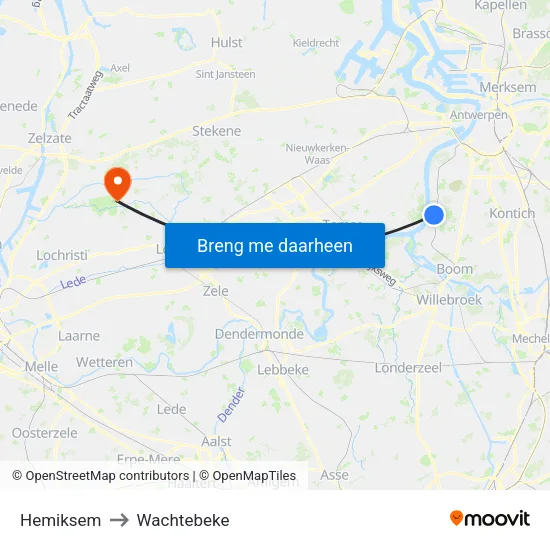 Hemiksem to Wachtebeke map