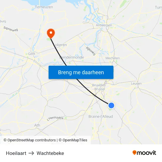 Hoeilaart to Wachtebeke map