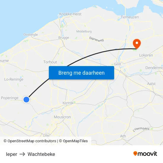 Ieper to Wachtebeke map
