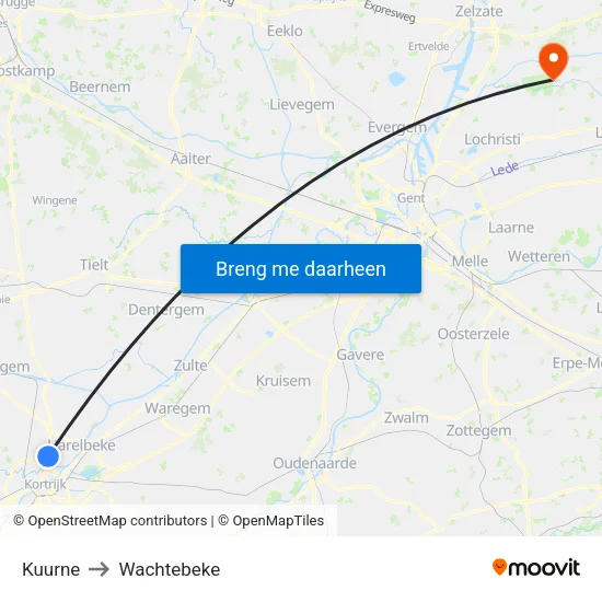 Kuurne to Wachtebeke map