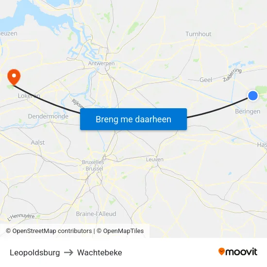 Leopoldsburg to Wachtebeke map