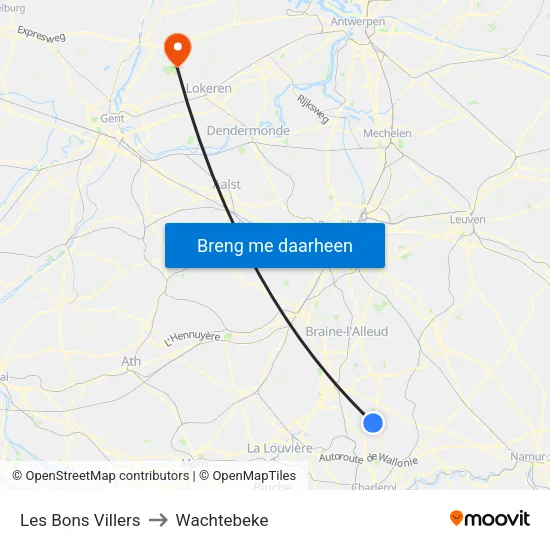 Les Bons Villers to Wachtebeke map