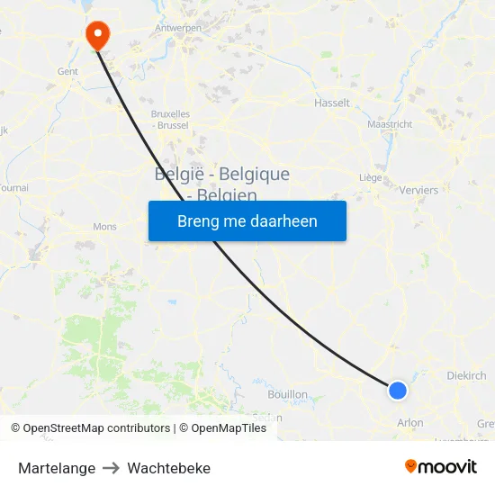 Martelange to Wachtebeke map
