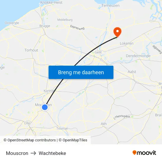 Mouscron to Wachtebeke map