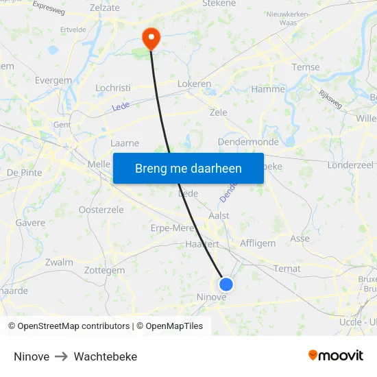 Ninove to Wachtebeke map