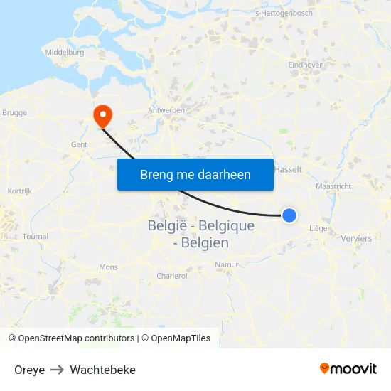 Oreye to Wachtebeke map