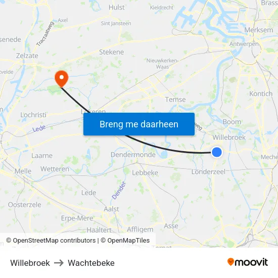 Willebroek to Wachtebeke map