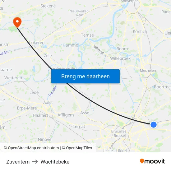 Zaventem to Wachtebeke map