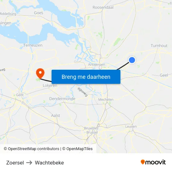 Zoersel to Wachtebeke map