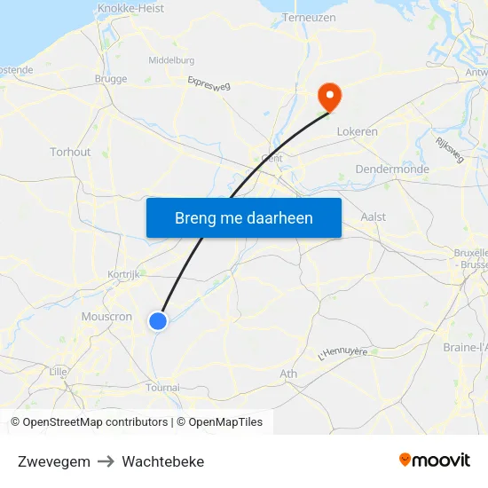 Zwevegem to Wachtebeke map