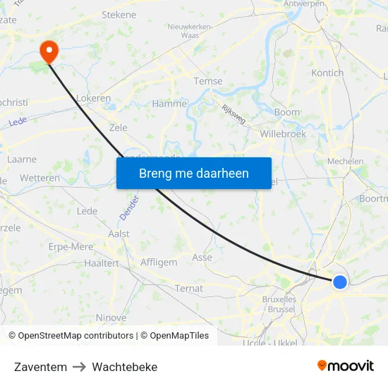 Zaventem to Wachtebeke map