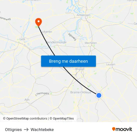 Ottignies to Wachtebeke map