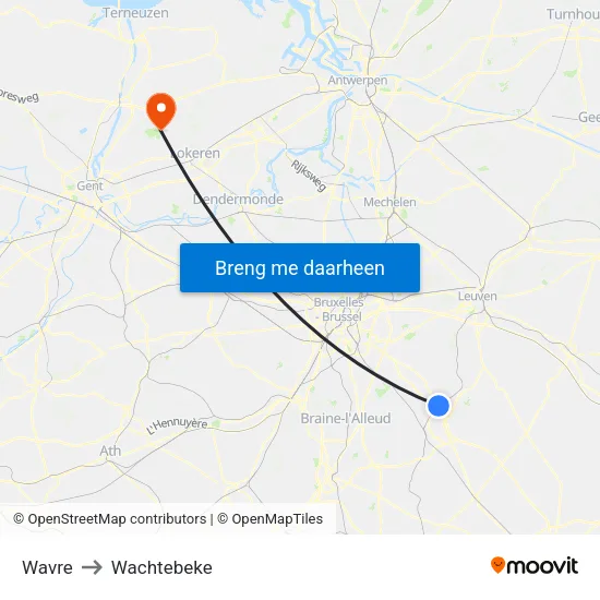 Wavre to Wachtebeke map