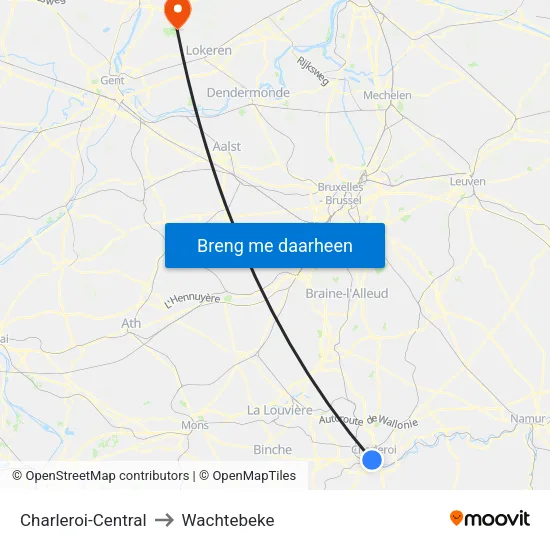 Charleroi-Central to Wachtebeke map