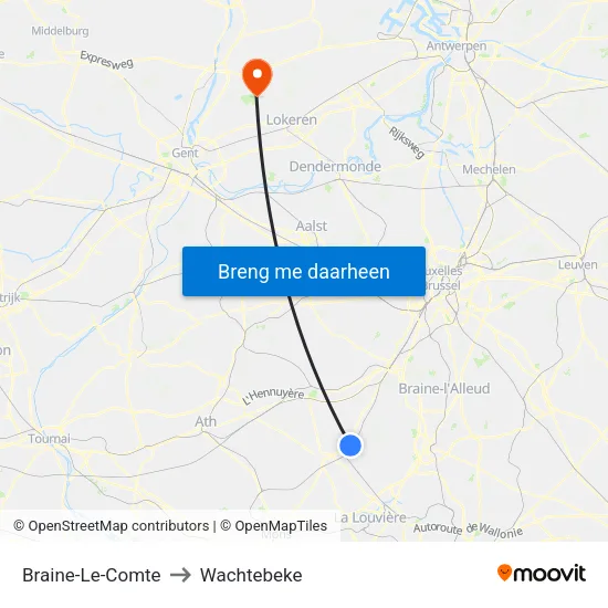 Braine-Le-Comte to Wachtebeke map