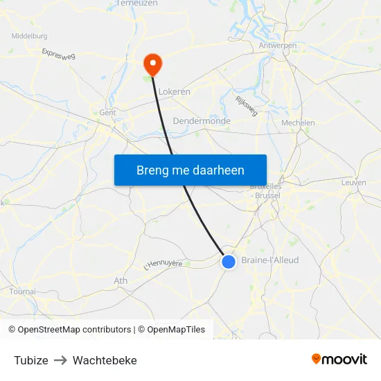 Tubize to Wachtebeke map
