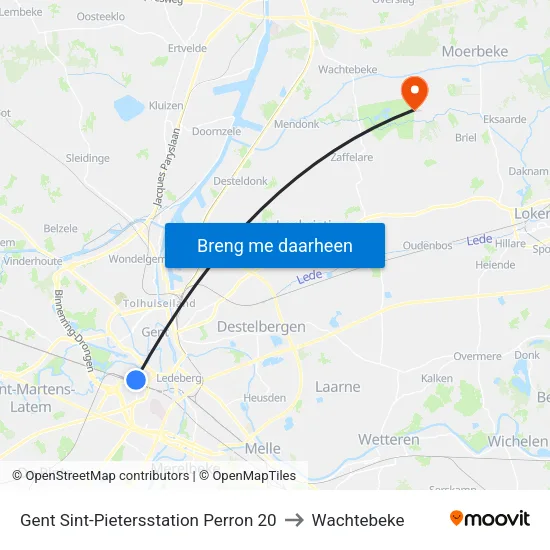 Gent Sint-Pietersstation Perron 20 to Wachtebeke map